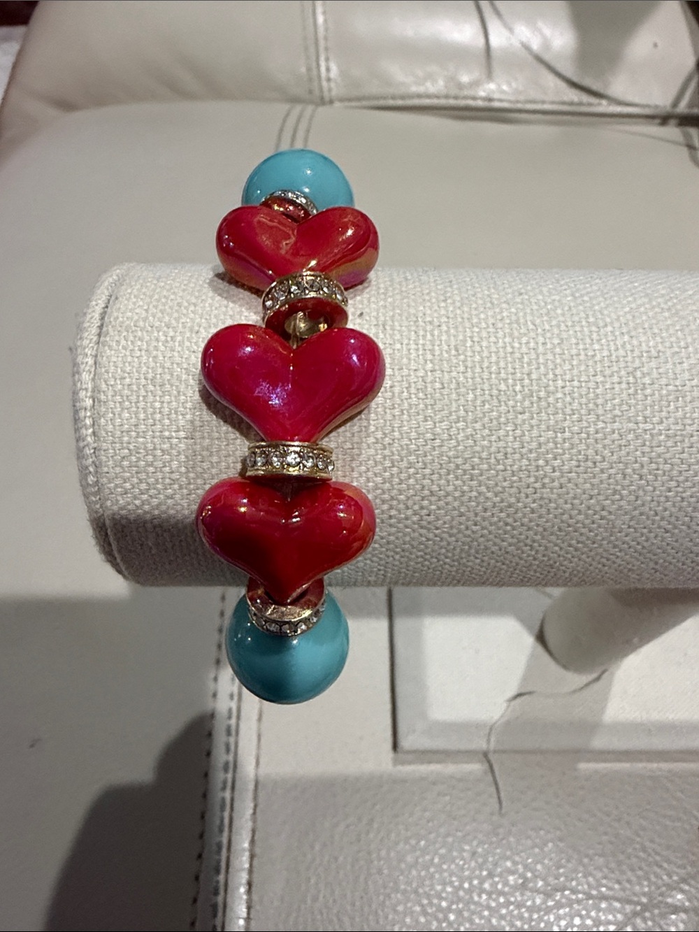 Red Heart & Turquoise Bead Stretch Bracelet with Crystal Spacers